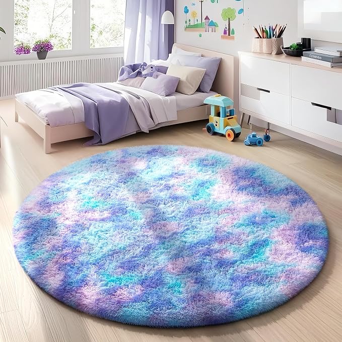 Ophanie Round Rug 4Ft Tie-Dye Rainbow Purple Circle Area Rug, Fluffy Fuzzy by Ophanie