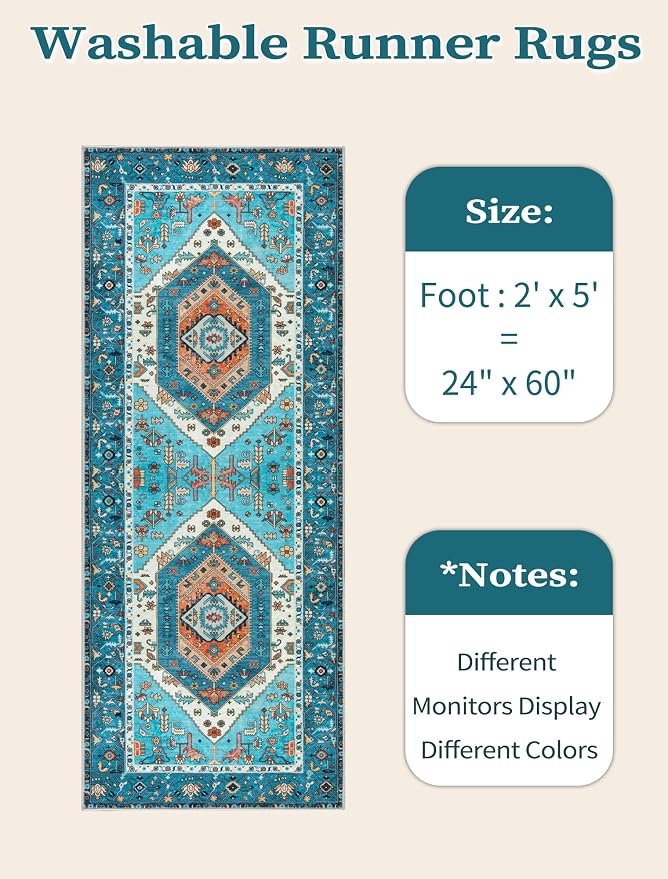 SERISSA Boho Washable Runner Rug, 2x5 Rug Runner Non-Slip Vintage Blue Hallway - Image 6