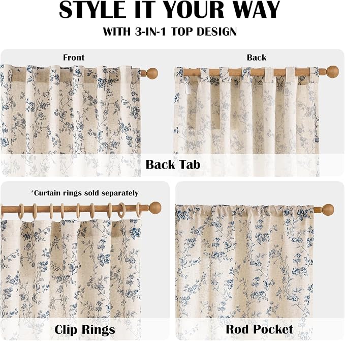 Lazzzy Blue Floral Linen Curtains 90 Inch Farmhouse Back Tab Drapes - Image 5