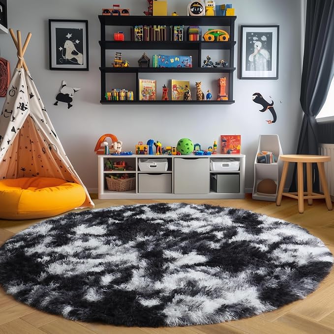 Amdrebio Black White Grey Round Rug 4Ft Circle Area Rugs - Image 7