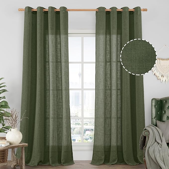LAMIT Olive Green Linen Sheer Curtains 90 inch by LAMIT