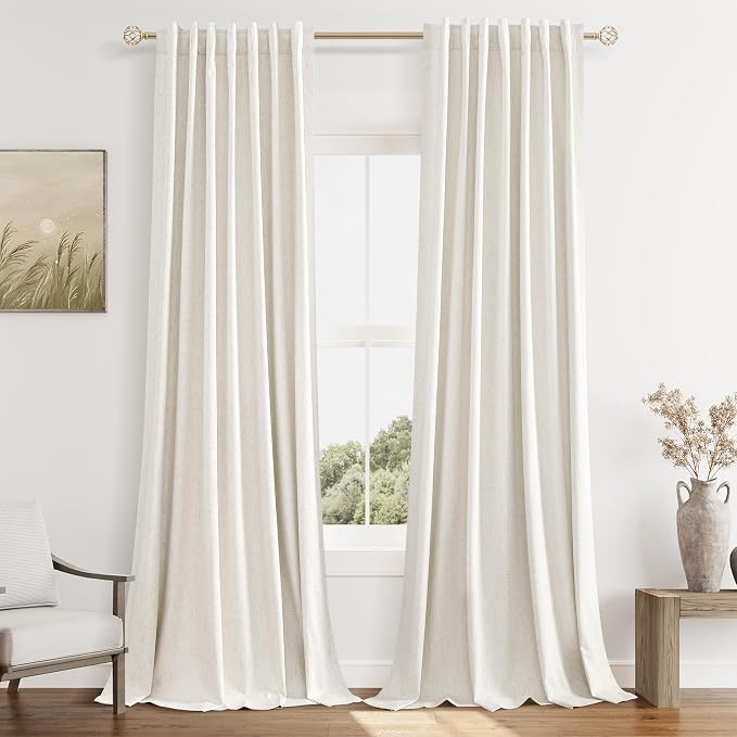 Beige White 100% Blackout Linen Curtains 102 Inch Length 2 Panels Set by Guken