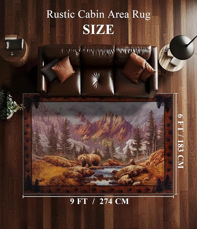 YIHOUSE Rustic Cabin Area Rug for Bedroom 6x9, Machine Washable Woodland Bear - Image 2