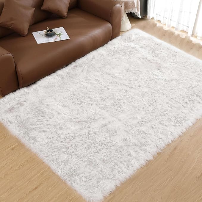 Goolela White Area Rug 6x9 Fluffy Fuzzy Furry Sheepskin Rug by Goolela