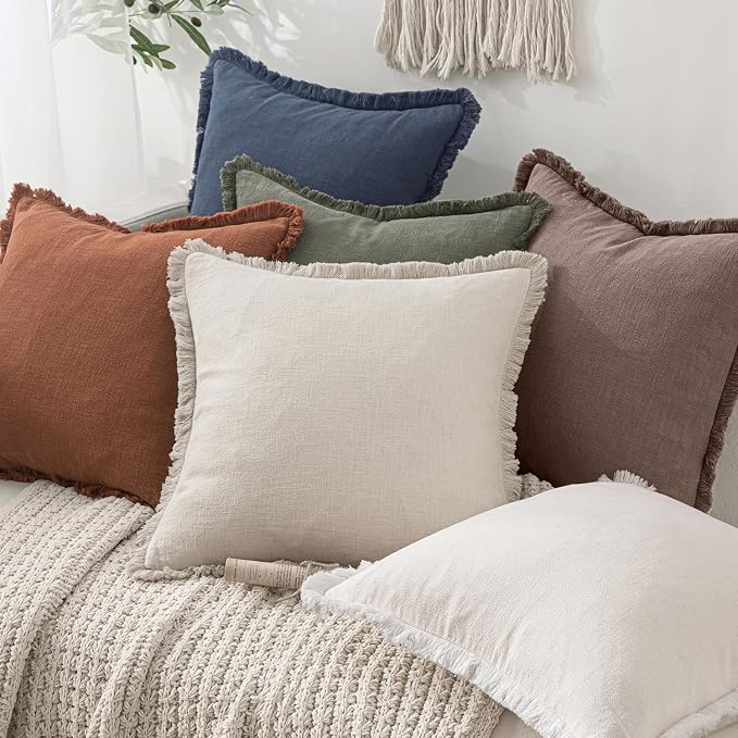 MIULEE Linen Fringe Decorative Fall Euro Pillow Covers Malt Ball 24x24 | Set of - Image 6