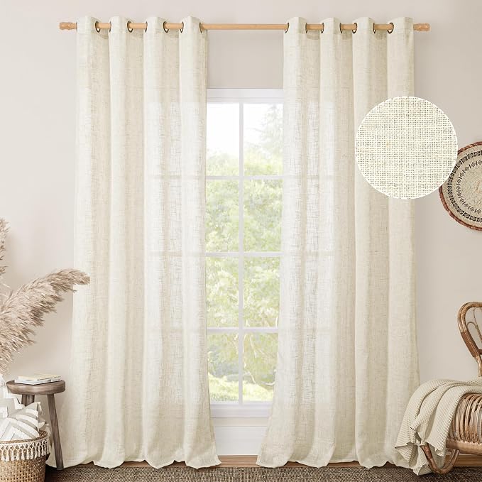 LAMIT Cream 90 Inch Long Linen Sheer Curtains 2 Panels Set - Image 2
