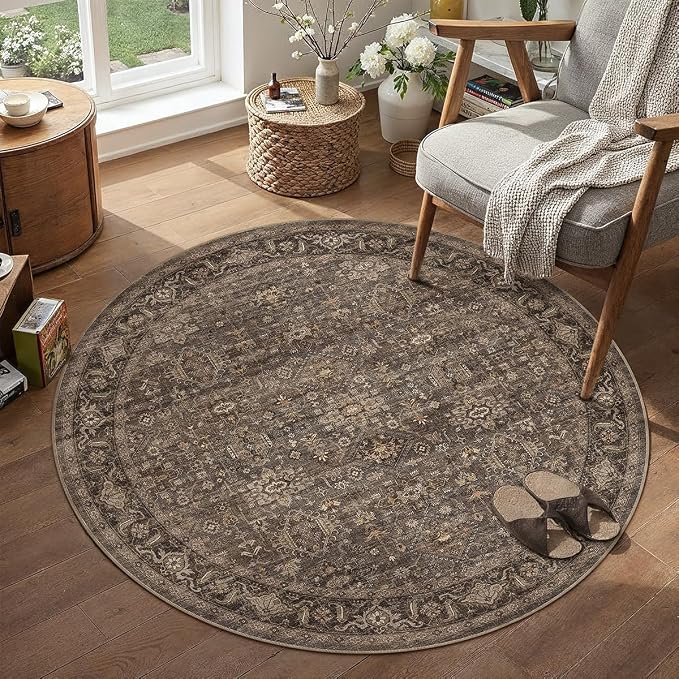 3x3 Washable Round Rug for Entryway Vintage Brown Non Slip Low Pile Carpet by WondRg