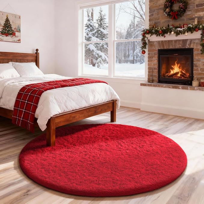 Ophanie Round Rug 4Ft Red Circle Area Rug, Christmas Room Decor, Aesthetic by Ophanie