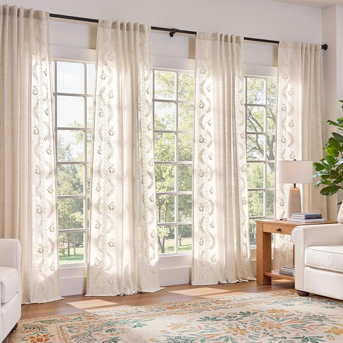 jinchan Belrose 4 Panel Curtains Set 84 Inch Length Floral Curtains Ivory by JINCHAN