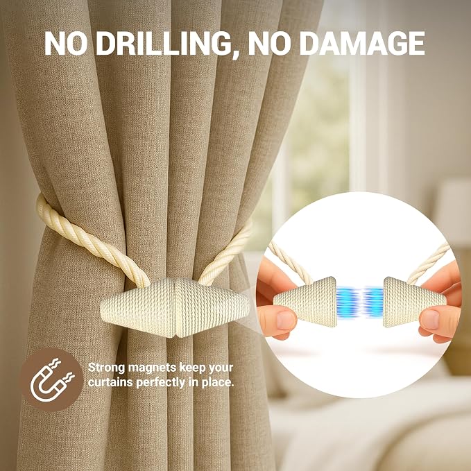 Hion Magnetic Curtain Tiebacks Beige 2pcs, Curtain Tiebacks Buckles Holdbacks - Image 7