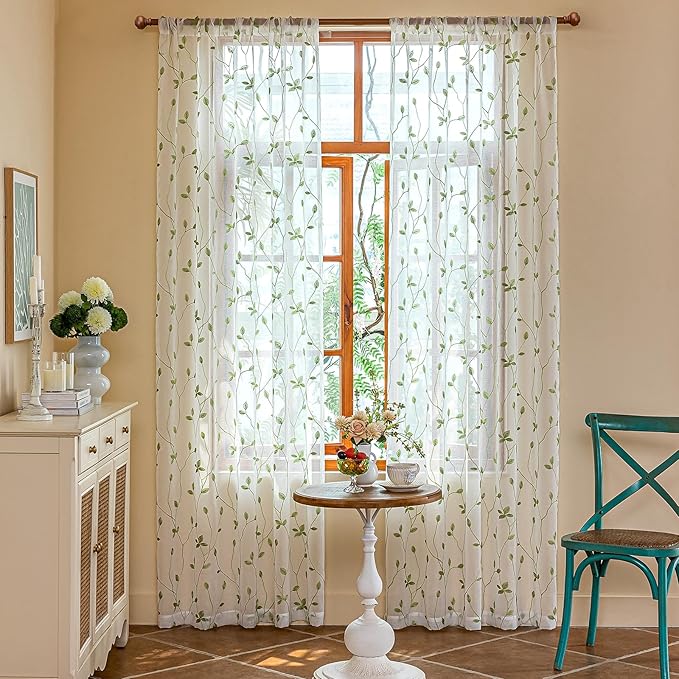 AmHoo 2 Panels Embroidered Leaf Pattern Semi Sheer Curtains Foliage Floral - Image 2