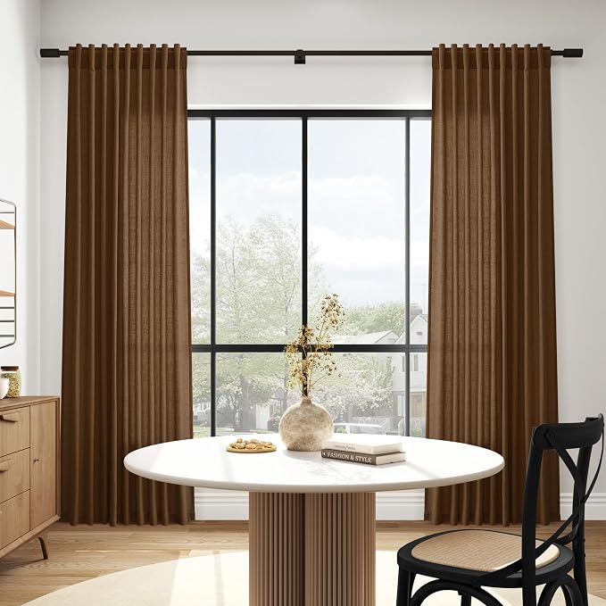 Tobacco Brown Linen Curtains 102 Inches Rod Pocket Back Tab Drapes 2 Panels Set - Image 6