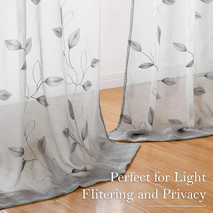 HOMEIDEAS Grey/Gray Sheer Kitchen Curtains 52 x 45 Inch Length 2 Panels - Image 8