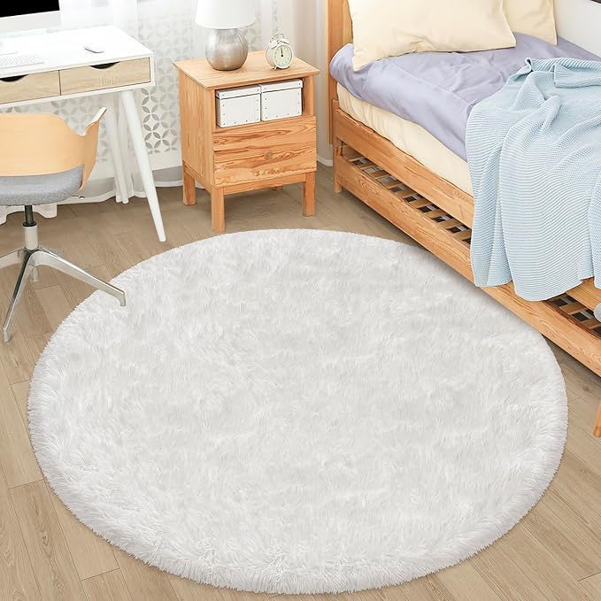 4x4 ft Tie Dye White Round Rug for Bedroom Room Fluffy Circle Rug Furry Carpet - Image 3