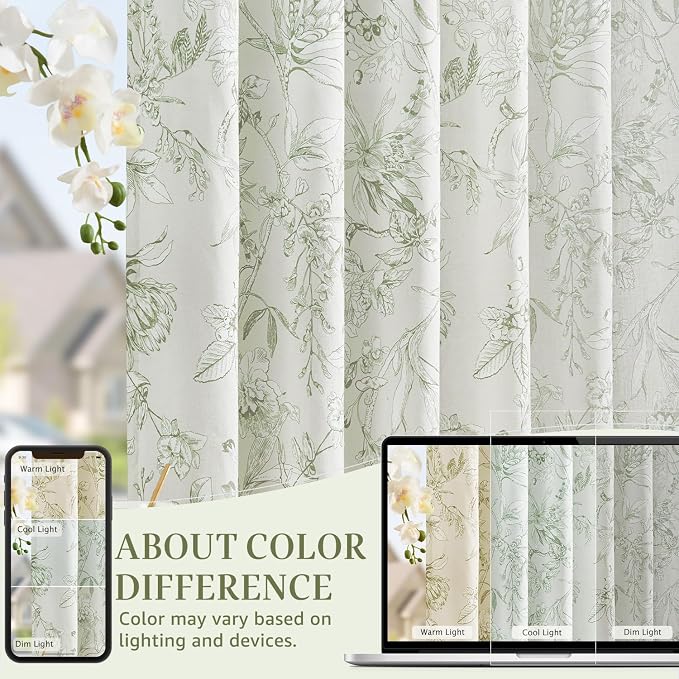 jinchan Floral Curtains 63 Inch Length Sage Green Flower Linen Farmhouse Curtain - Image 6