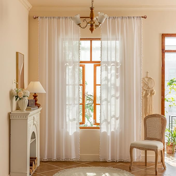 MYSKY HOME 72 Inches Long Semi Boho Sheer White Door Curtains by MYSKYHOME