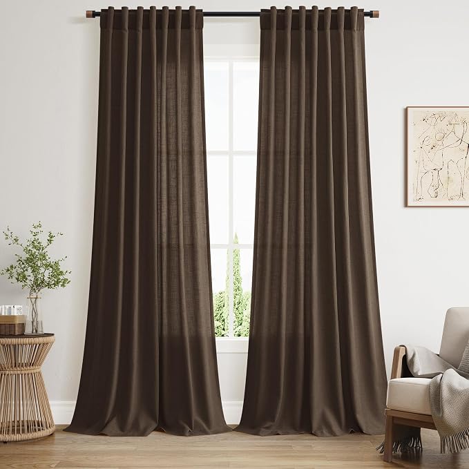 Extra Long Curtain Chocolate Morden Linen Blend Light Filtering Back Tab by Nanspring