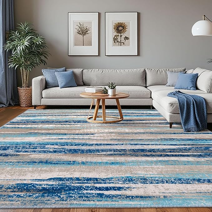 Lansny Modern Abstract 8x10 Large Machine Washable Living Room Rug Non-Slip by lansny