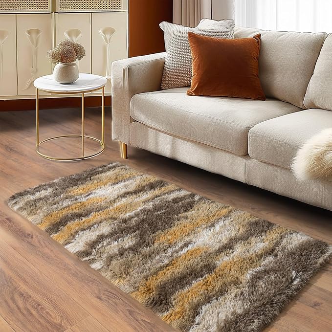 Soft Runner Rugs for Bedroom Hallways, 2x4 Abstract Brown Fluffy Shag Throw - Image 2