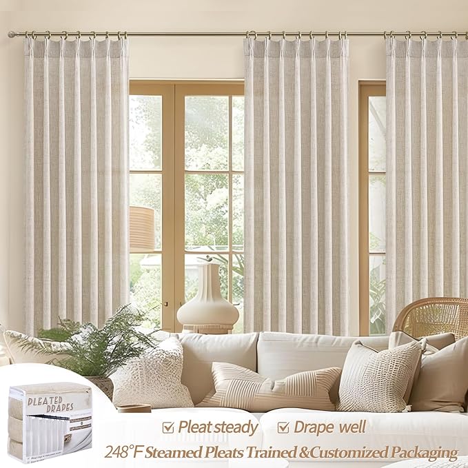 Extra Long 132 Inch Pinch Pleated Natural Linen Curtains - Image 5