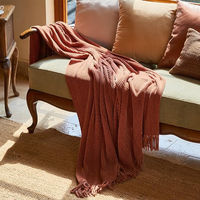 lifein Throw Blanket for Couch, Soft Boho Bed Throw, Cozy Burnt Orange Chenille - Image 7