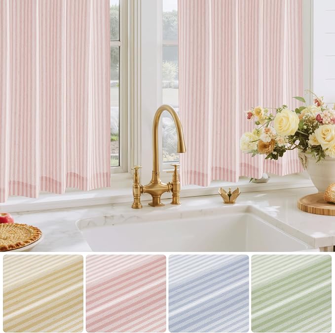 RYB HOME Linen Cafe Curtains 24 inch Length, Kitchen Farmhouse Striped Tier - Image 6