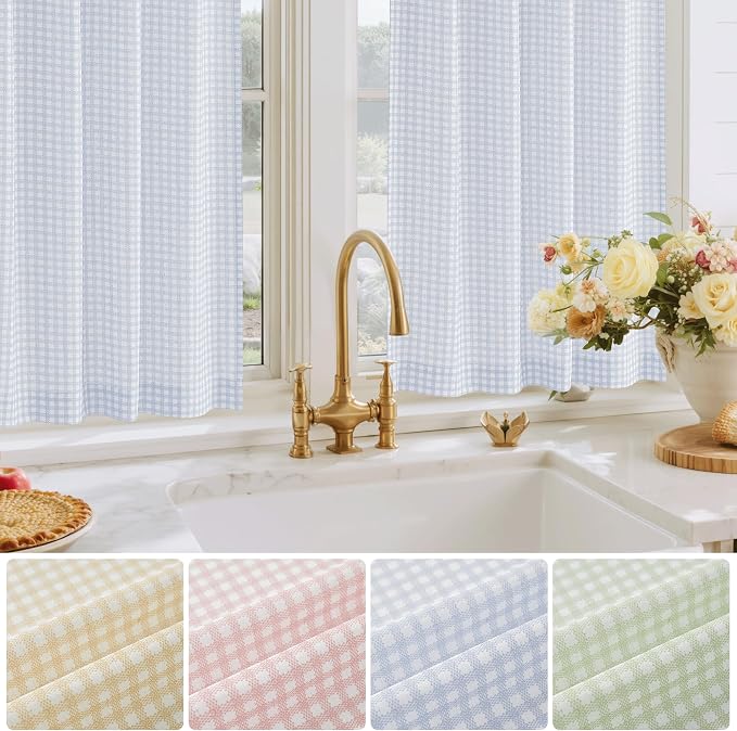 RYB HOME Checkered Cafe Curtains 24 inch Length, Linen Gingham Small Window - Image 5
