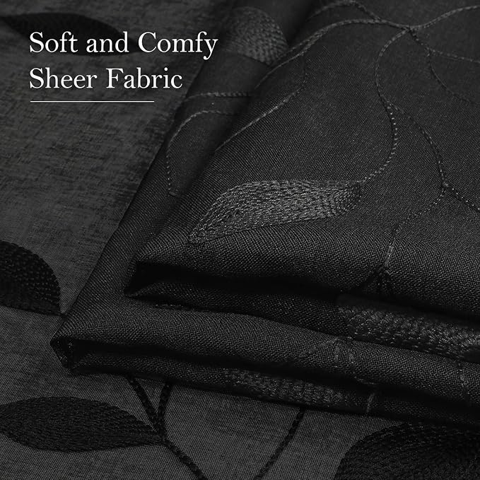HOMEIDEAS Black Sheer Curtains 52 X 84 Inches Length 2 Panels Black Embroidered - Image 5