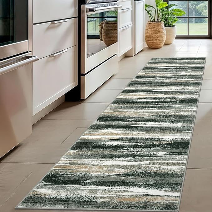 Lansny Modern Abstract Hallway Runner Rug, Forest Green Washable Kitchen Runner - Image 2