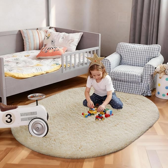 Ophanie 4x6 Oval Ivory Rugs for Bedroom Living Room, Fluffy Fuzzy Furry Carpet - Image 5