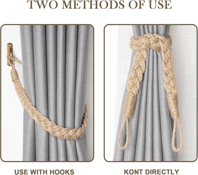 NICEEC 2 Pack Natural Jute Rope Curtain Tiebacks Elegant Boho Style Decorative - Image 5