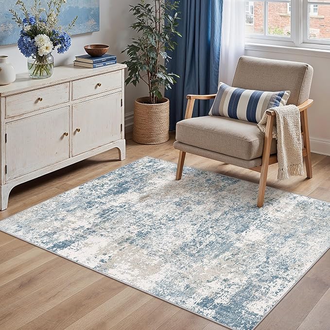 Blue 3x5 Area Rug Washable Abstract Office Carpet Modern Neutral Non Slip - Image 3