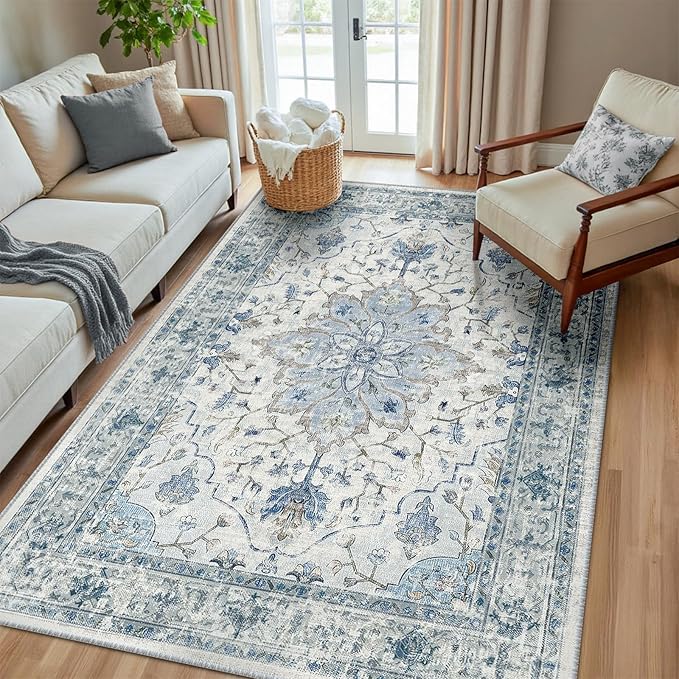 Area Rugs 6'x8' Washable Non-Slip, Floral Vintage Distress Print Pattern by RELEANY