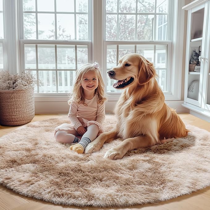 ONASAR Round Rugs 6ft for Living Room Bedroom, Tie-Dye Beige Fluffy Circle Area - Image 7