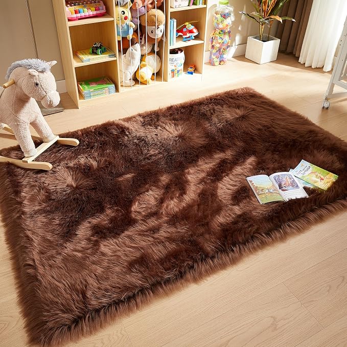 AMTOVO Faux Fur Sheepskin Rug for Living Room, 4 x 6 ft Coffee Fluffy Area Rug - Image 3