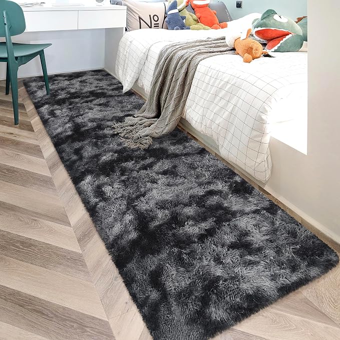 Tie-Dyed Runner Rug for Bedroom Black Grey 2x10ft Fluffy Area Rug Bedside - Image 3