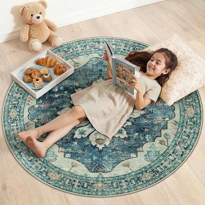 Area Rugs 4ft Washable Non-Slip, Floral Vintage Distress Print Pattern by RELEANY