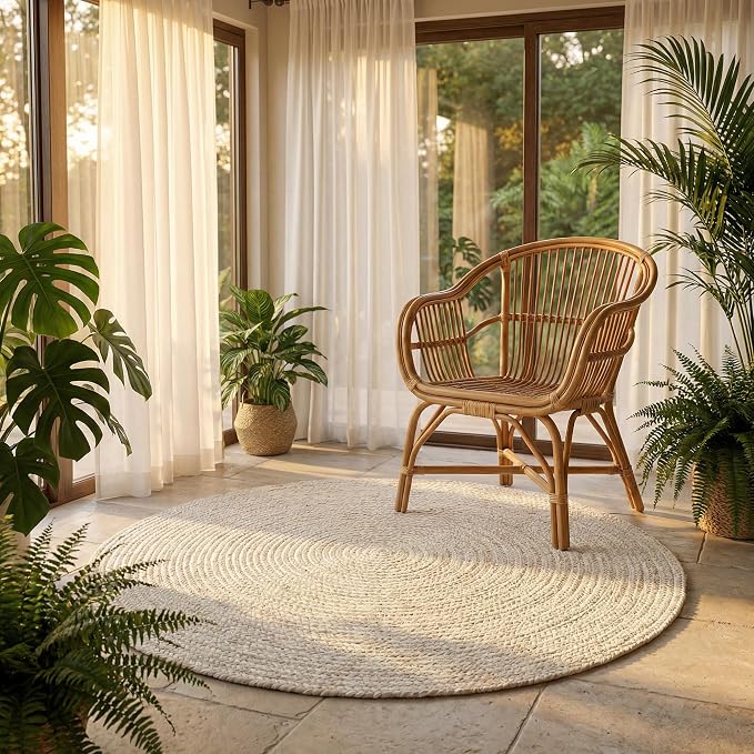 Hausattire Hand Woven Jute Braided Rug, 4’ Round – Off White, Reversible Boho by Hausattire