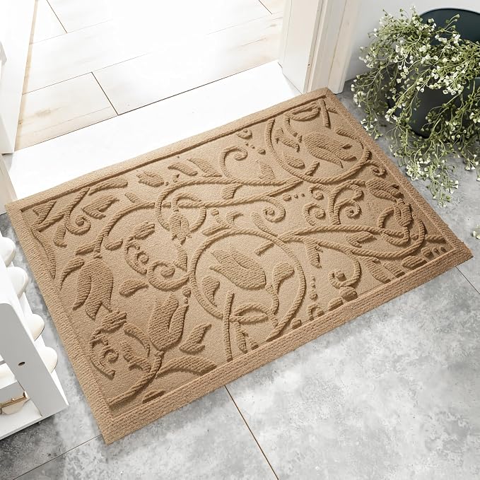 Boho Beige Floral Leaves Outdoor Indoor Entrance Doormats, Absorbent Durable by VivaNest