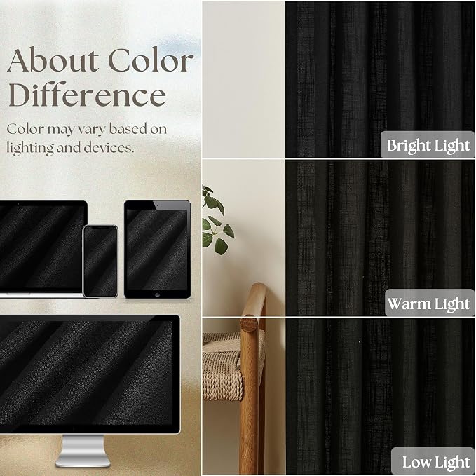 Black Pinch Pleated Linen Semi Sheer 102 Inch Curtains 2 Panels | Light - Image 4