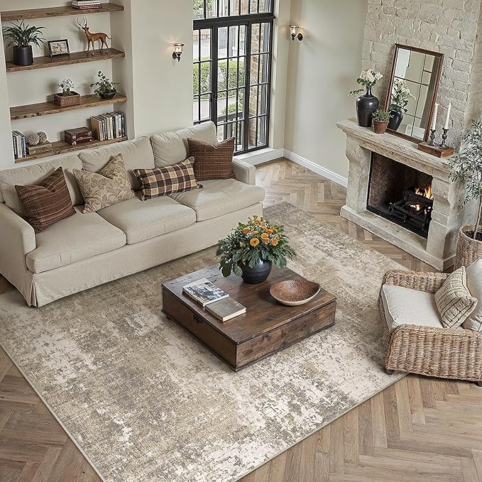 PureCozy Beige Area Rug 5x7 Machine Washable Modern Abstract Living Room Carpet - Image 3
