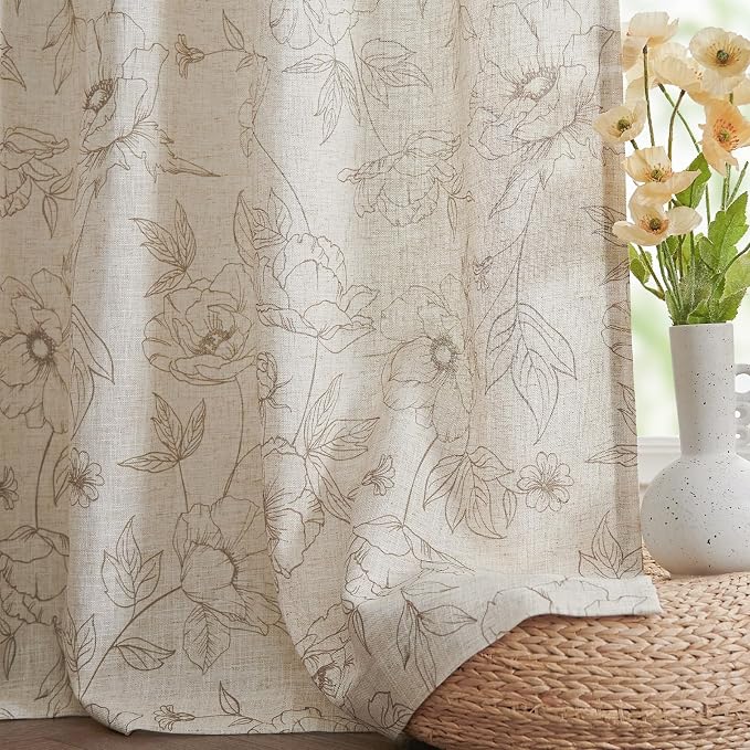 jinchan Floral Linen Curtains for Living Room 63 Inch Length Taupe Flower - Image 7