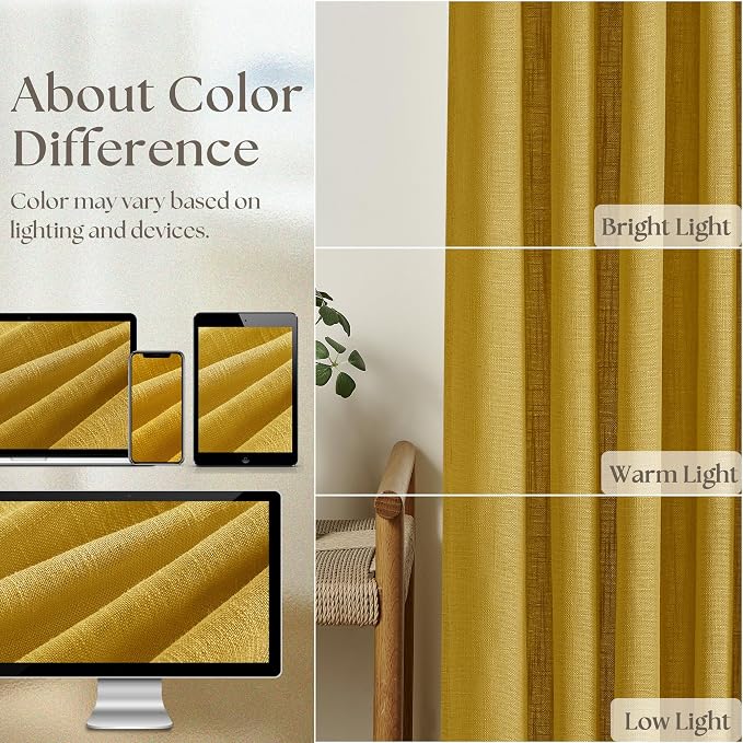 Mustard Yellow Pleated Semi Sheer Linen Curtains 96 Inches Long 2 Panel Set | - Image 4