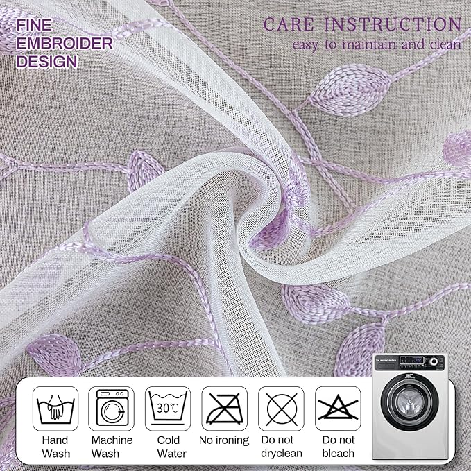 AmHoo 2 Panels Embroidered Leaf Pattern Semi Sheer Curtains Foliage Floral - Image 4