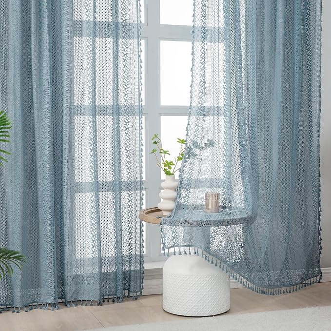 WAZZIO Boho Lace Curtains 63 Inches 2 Panel, Light Filtering Privacy Tassel & - Image 5
