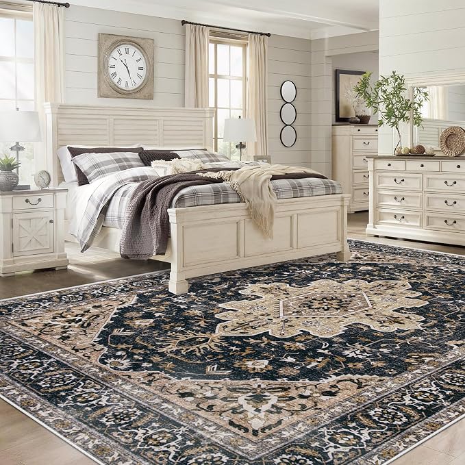 Area Rug 8x10 Vintage Rugs: Large Washable Living Room Rug Retro Medallion - Image 3