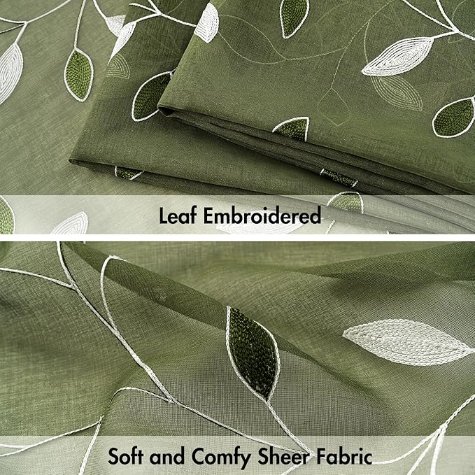 MIULEE Olive Green Sheer Curtains 2 Panels Embroidered Leaf Patterned Rod - Image 4