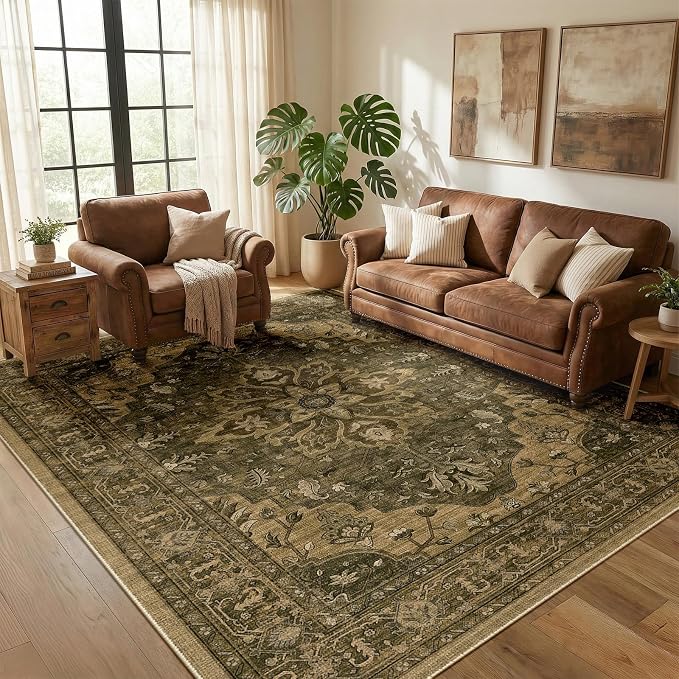 Area Rugs 5'x7' Washable Non-Slip, Floral Vintage Distress Print Pattern by RELEANY