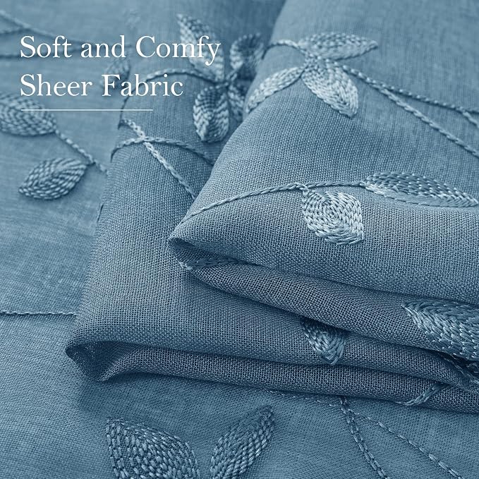 HOMEIDEAS Cyan Blue Sheer Curtains 52 X 96 Inches Length 2 Panels Embroidered - Image 4