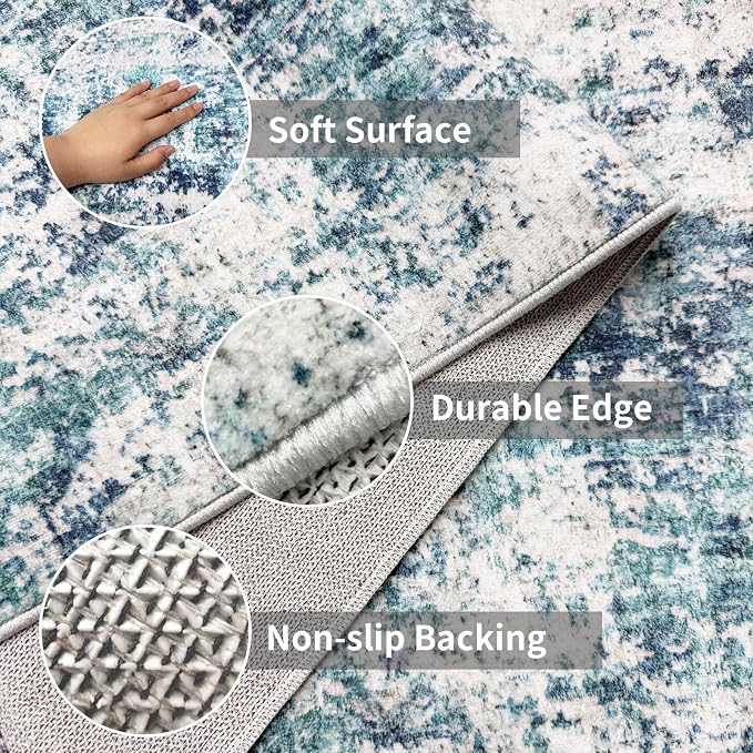 Machine Washable Runner Rugs 3x7 Modern Abstract Rug Ocean Mist | Stain & Spill - Image 3